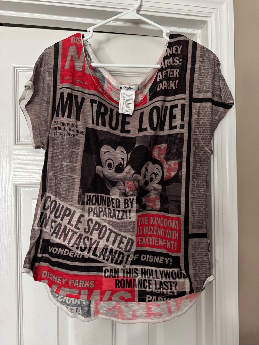 Disney Girls' Gray Tee with Red Newspaper-Style Mickey & Minnie Print